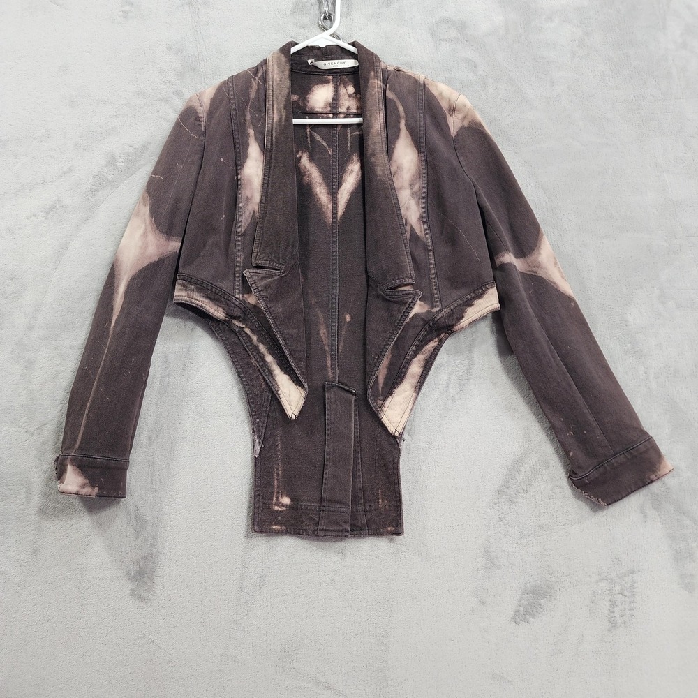 Vintage Givenchy Blazer Jacket Womens S Brown Denim Bleach Dye Corset Crop Spine